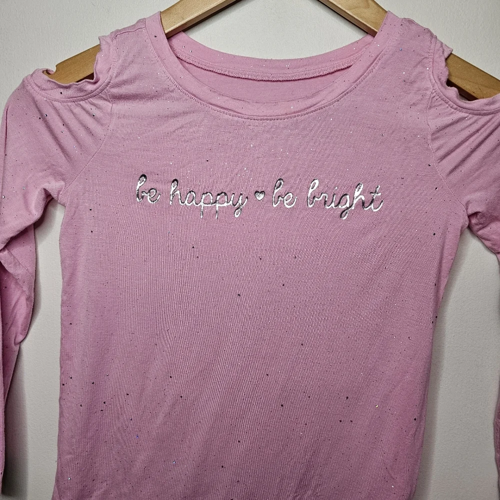 Justice Girls Pink Cold Shoulder Long Sleeve Top Size 6 Glitter Sparkle Graphic